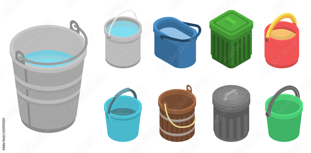 Poster bucket icon set. isometric set of bucket vector icons for web design isolated on white background