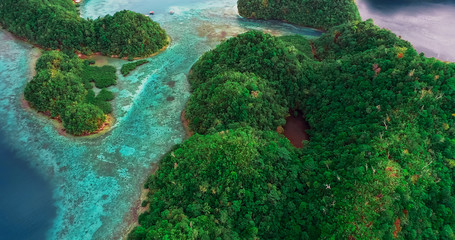 Aerial view of Sugba lagoon. Beautiful landscape with blue sea lagoon, National Park, Siargao Island, Philippines