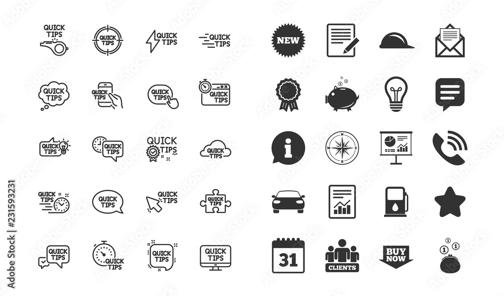 Poster quick tips line icons. set of helpful tricks, solution and quickstart guide linear icons. tutorials,
