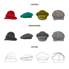 Vector design of headgear and cap symbol. Collection of headgear and accessory vector icon for stock.