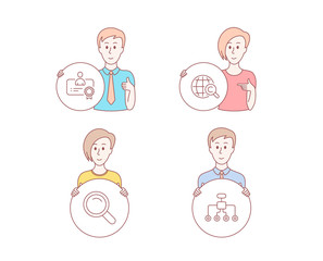 People hand drawn. Set of International Copyright, Certificate and Search icons. Restructuring sign. World copywriting, Best employee, Magnifying glass. Delegate. Certificate vector