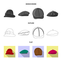 Vector illustration of headgear and cap symbol. Collection of headgear and accessory stock vector illustration.