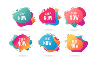 Shop now symbol. Special offer sign. Retail Advertising. Abstract dynamic shapes with icons. Gradient banners. Liquid abstract shapes. Shop now vector