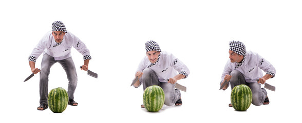 Young male cook with watermelon isolated on white