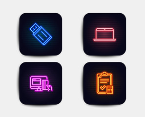 Neon glow lights. Set of Usb flash, Laptop and Online payment icons. Accounting checklist sign. Memory stick, Mobile computer, Money. Calculator.  Neon icons. Glowing light banners. Vector