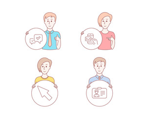 People hand drawn style. Set of Messenger mail, Approve and Mouse cursor icons. Identification card sign. New e-mail, Accepted message, Click arrow. Person document.  Character hold circle button