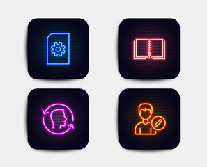Neon glow lights. Set of File management, Face id and Book icons. Edit person sign. Doc with cogwheel, Identification system, E-learning course. Change user info.  Neon icons. Glowing light banners