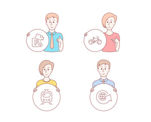 People hand drawn style. Set of Parking security, Train and Bicycle icons. World globe sign. Video camera, Tram, Bike. Around the world. Character hold circle button. Parking vector