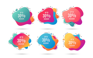 Up to 30% Discount. Sale offer price sign. Special offer symbol. Save 30 percentages. Abstract dynamic shapes with icons. Gradient banners. Liquid  abstract shapes. Vector