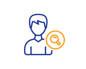 Search User line icon. Profile Avatar with Magnifying glass sign. Male Person silhouette symbol. Colorful outline concept. Blue and orange thin line color icon. Search people Vector