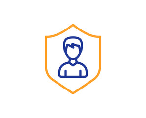 User Protection line icon. Profile Avatar with shield sign. Male Person silhouette symbol. Colorful outline concept. Blue and orange thin line color icon. Security Agency Vector