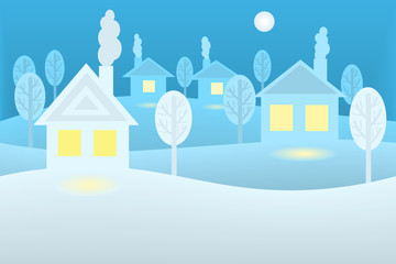 Winter picture with houses in the style of paper art and craft