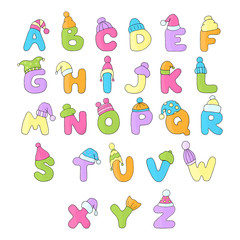 Vector letters of the English alphabet A-Z in winter Christmas hats