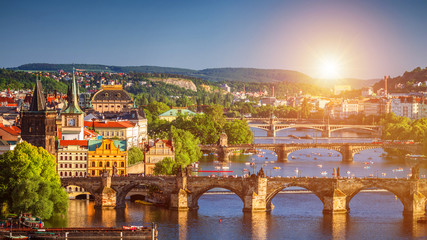 Prague Scenic spring sunset aerial view of the Old Town pier architecture and Charles Bridge over...