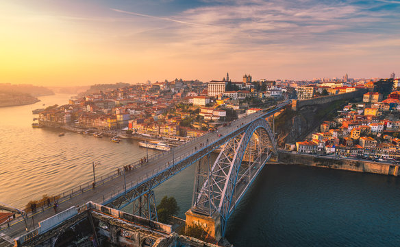 View of the historic city of Porto with the Dom Luiz bridge. Portugal, Porto