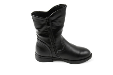 Women's photo boot black leather shoes isolated on white background