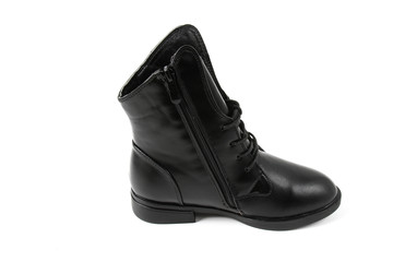 Women's photo boot black leather shoes isolated on white background