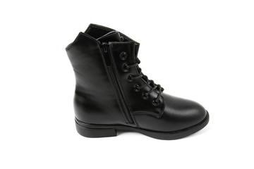 Women's photo boot black leather shoes isolated on white background