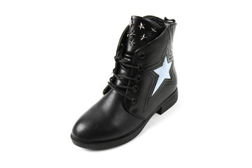 Women's photo boot black leather shoes isolated on white background