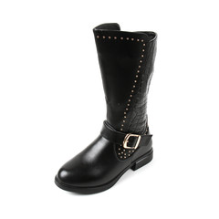 Women's photo boot black leather shoes isolated on white background