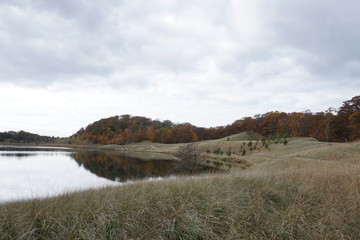 Fall landscape in the Midwest with lake, clouds, and beach grass