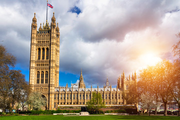 Westminster Abbey viewed from Victoria tower gardens, London, UK.