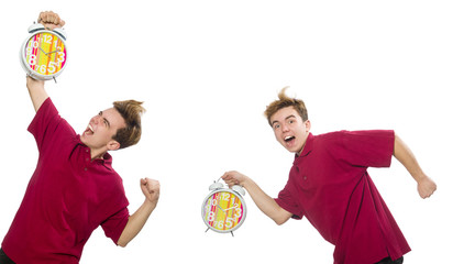 Student holding alarm clock isolated on white