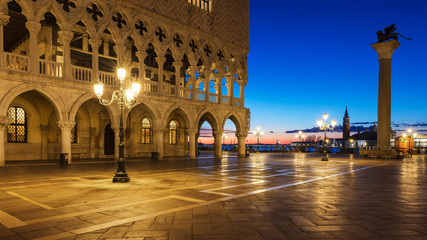 Piazza San Marco at sunrise, Vinice, Italy. Doges Palace (Palazzo Ducale) on Saint Mark square at sunrise, Venice, Venezia, Italy, Europe