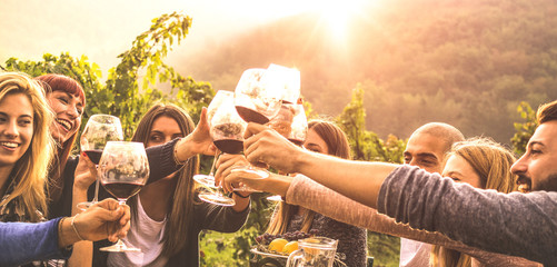 Junge Freunde, die sich im Freien amüsieren - Fröhliche Menschen, die gemeinsam Erntezeit in der Weingutlandschaft des Bauernhauses genießen - Jugend- und Freundschaftskonzept - Hände rösten Rotweinglas im Weinberg vor Sonnenuntergang