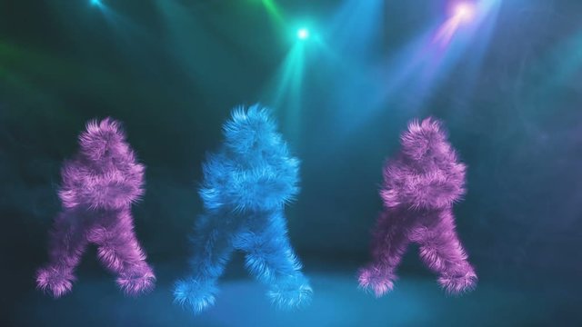 Three funny hairy colorful characters Dancing on blue Background