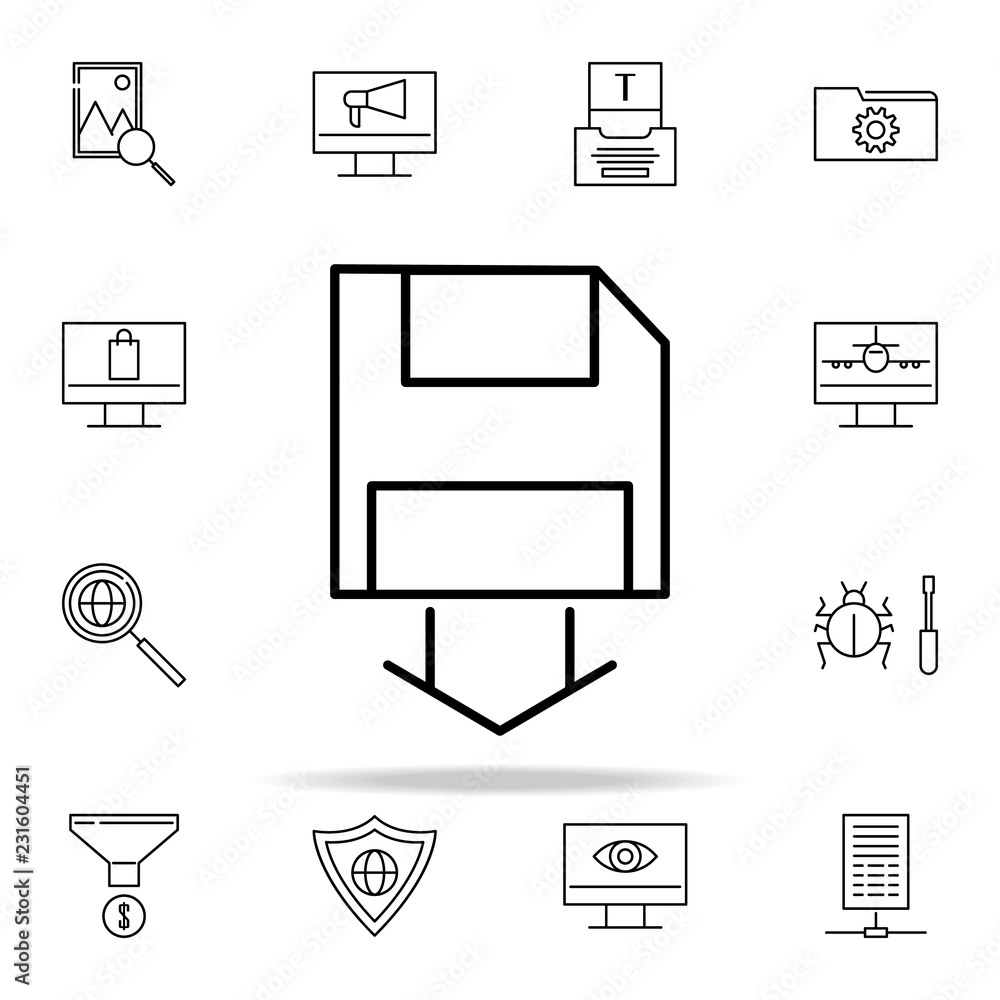 Aufkleber saving diskette data icon. seo and online marketing icons universal set for web and mobile