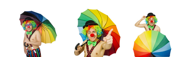 Clown with umbrella isolated on white