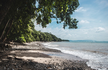 Dense forest gives way to a dark stony beach on the cape of the Nicoya Peninsula in Costa Rica, near Manzanillo