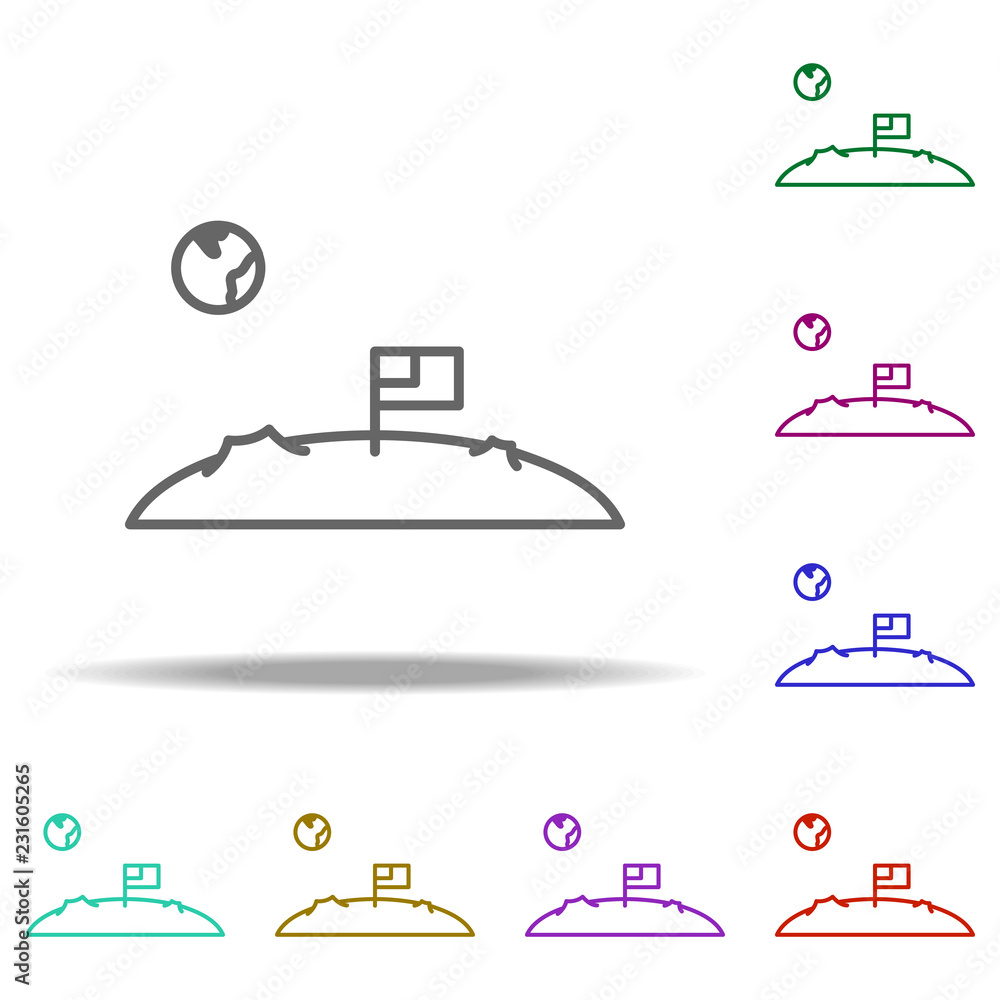 Poster flag on the moon icon. elements of cartooning space in multi color style icons. simple icon for webs
