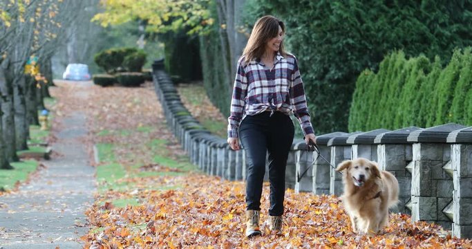 Woman walking golden retriever dog in Fall leaves