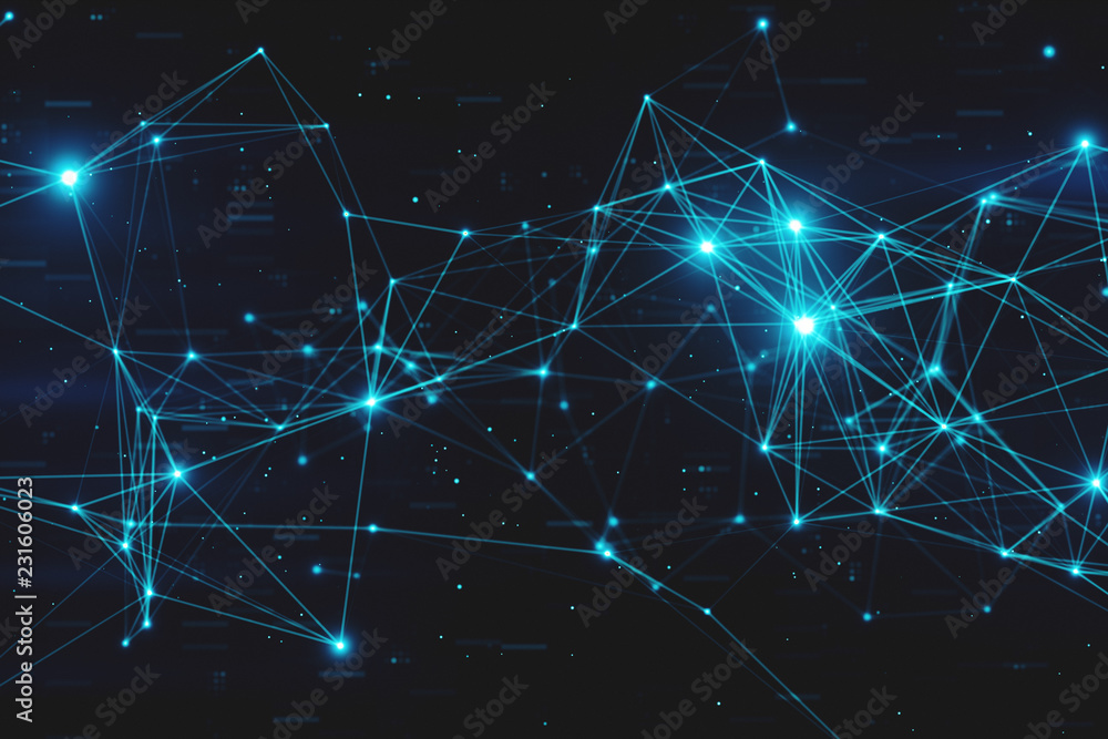 Poster abstract flashing connected digital data nodes and connection paths on any type of network 3d illust