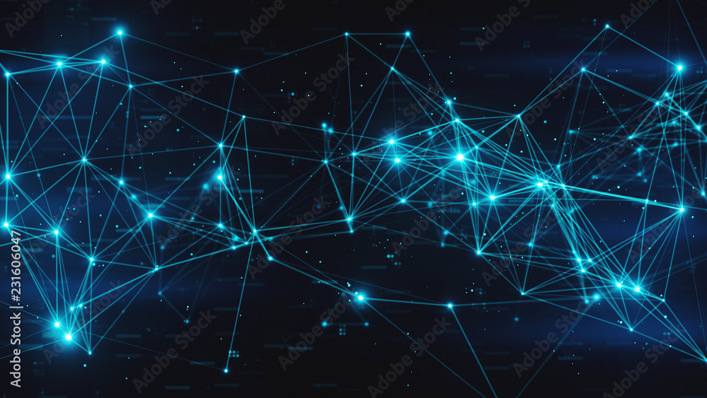 Poster abstract flashing connected digital data nodes and connection paths on any type of network 3d illust