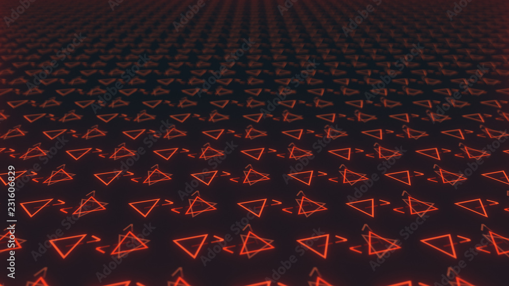 Poster abstract seamless dynamic background of red symmetrically rotating triangles with depth of field 3d 