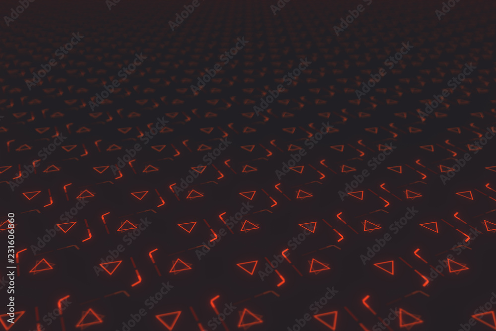 Poster abstract seamless dynamic background of red symmetrically rotating triangles with depth of field 3d 