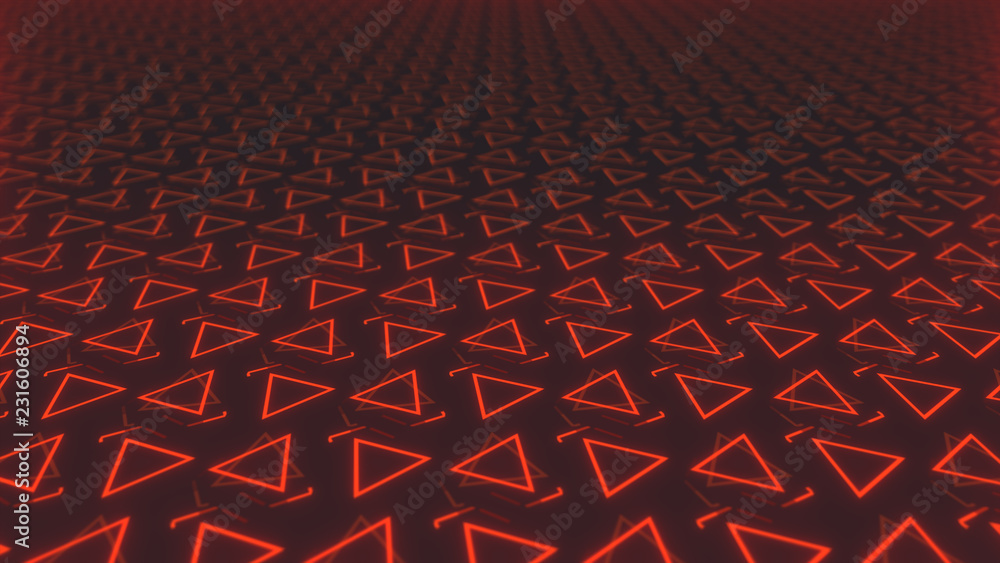 Poster abstract seamless dynamic background of red symmetrically rotating triangles with depth of field 3d 