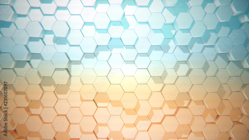 Poster abstract background of moving hexagons in random order 3d illustration