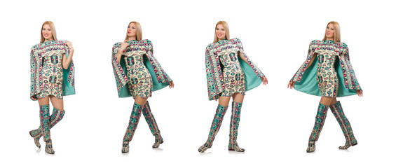 Model wearing dress with Azerbaijani carpet elements isolated on
