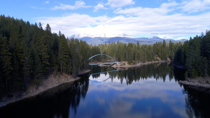 aerial view of bridges crossing a lake