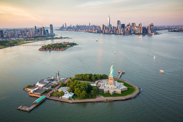 New York Statue of Liberty from aerial view - obrazy, fototapety, plakaty