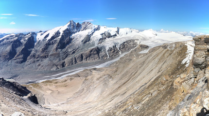 panoramic view of Austria's highest mountain Grossglockner  with declining Pasterze glacier, Hohe Tauern national park