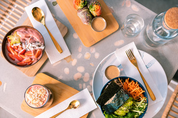 Healthy breakfast. Top view of amazing delicious healthy breakfast standing on the table in famous...