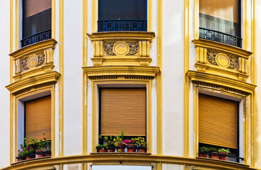 Facade of old building with windows and flowers