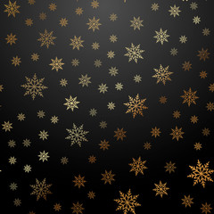 Falling gold snow or snowflakes on black background. Vector