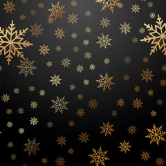 Falling gold snow or snowflakes on black background. Vector