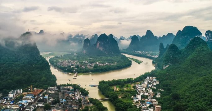 time lapse of aerial view of River and Karst mountains. Located near Yangshuo County, Guilin City, Guangxi Province, China.